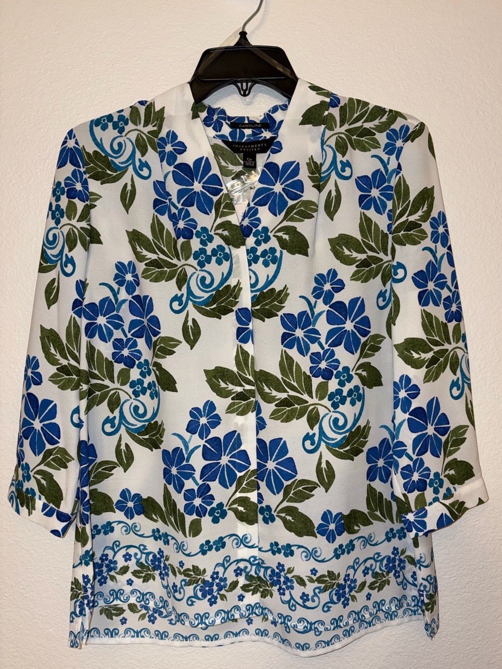 Investments Petites Blouse Petite Small PS Floral Blue Green White V-Neck Tunic